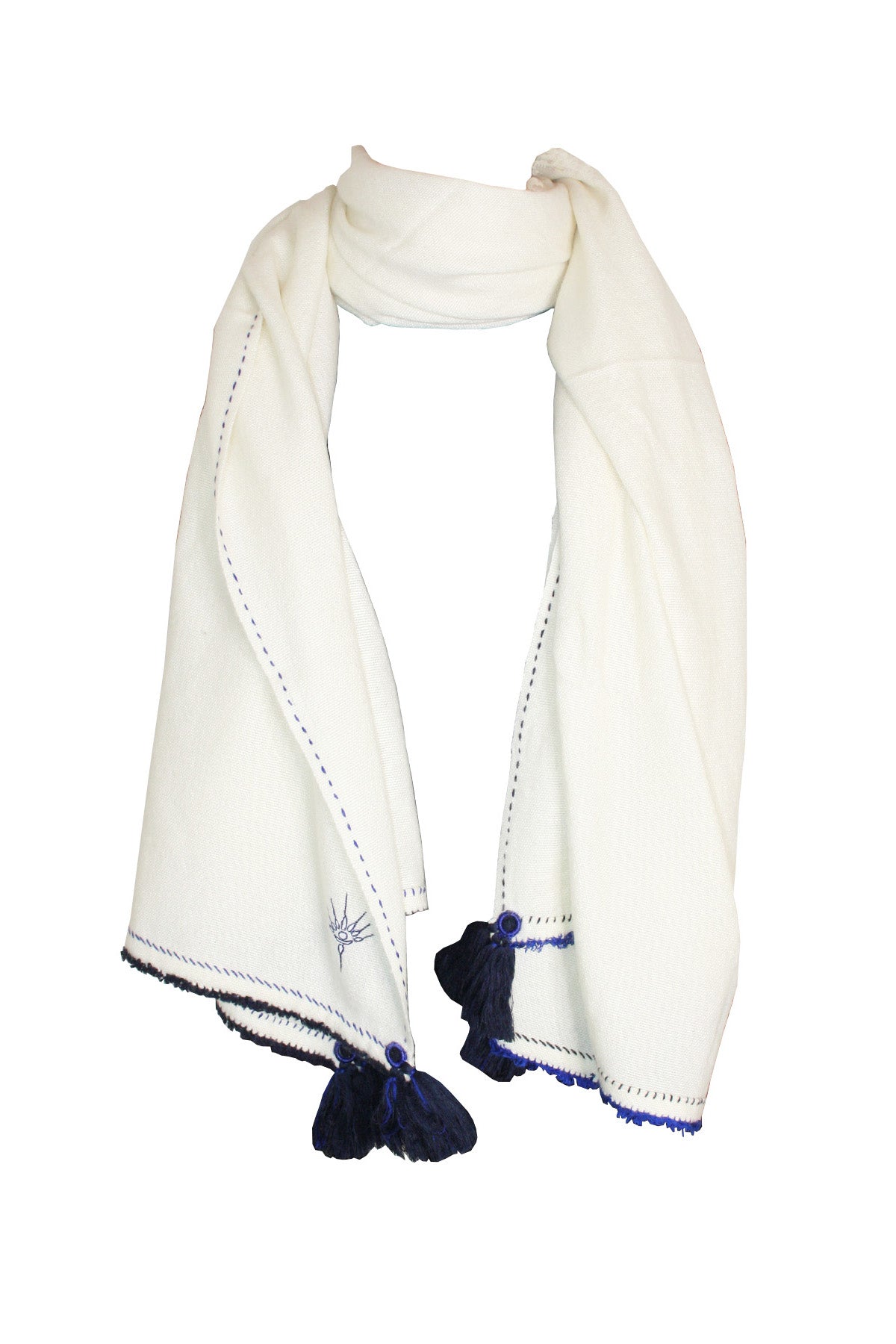 Meditation Shawl - Off White with Navy Blue Tassels