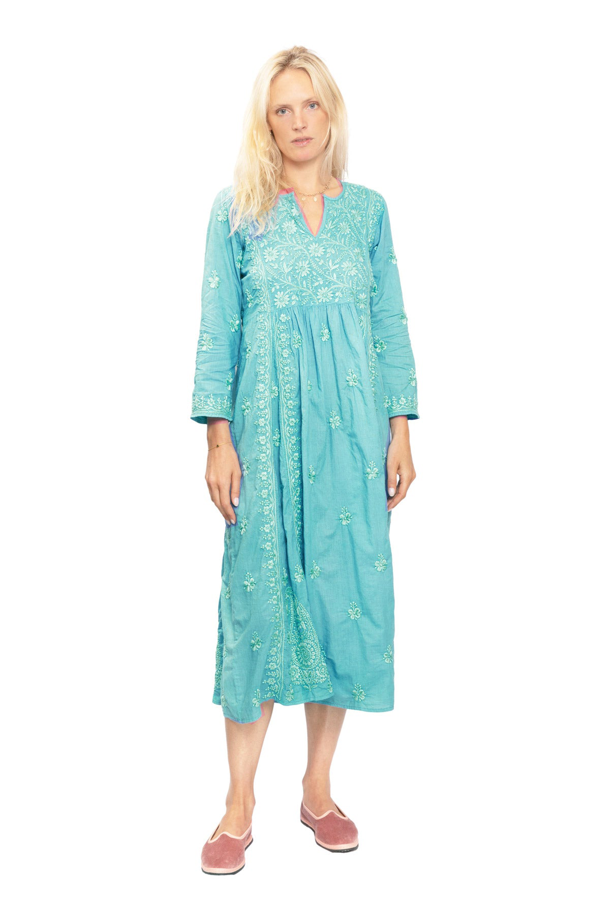 Cotton Embroidered Dress - Turquoise