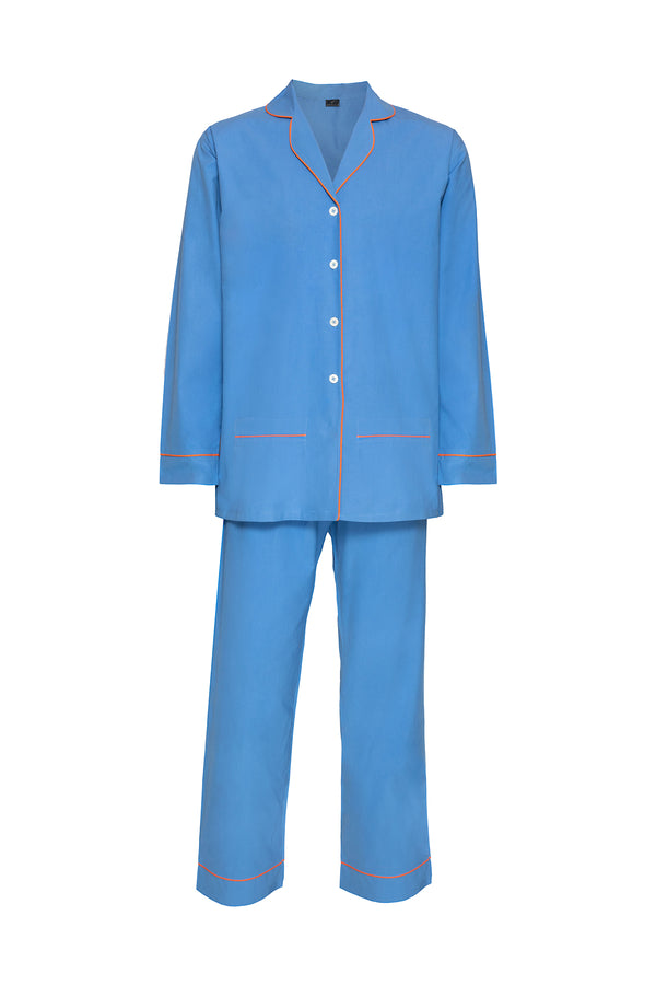 Women's Cotton Pyjamas - Blue & Orange Piping