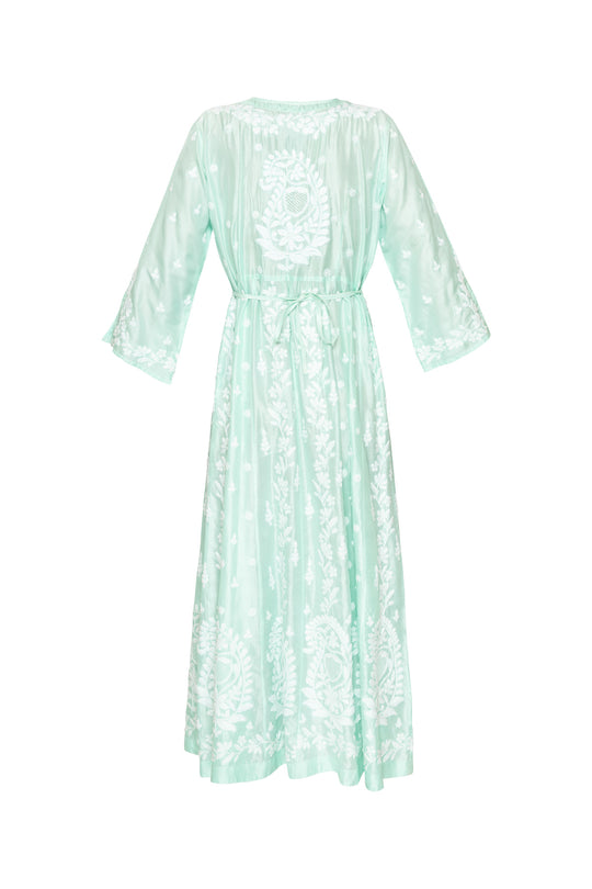 Embroidered Silk Dress With Ties - Light Turquoise