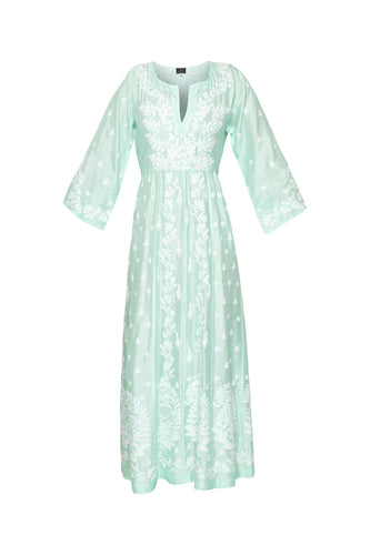 Embroidered Silk Dress With Ties - Light Turquoise
