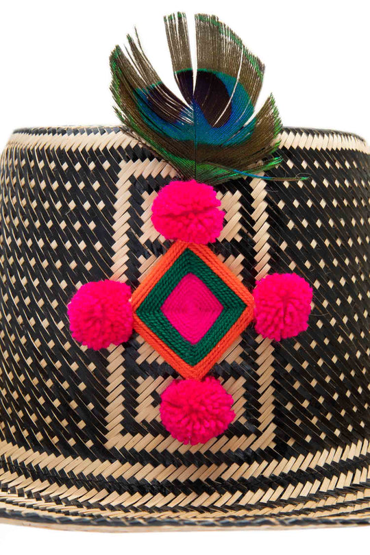 Straw Hat - Peacock Feather & Pink PomPoms