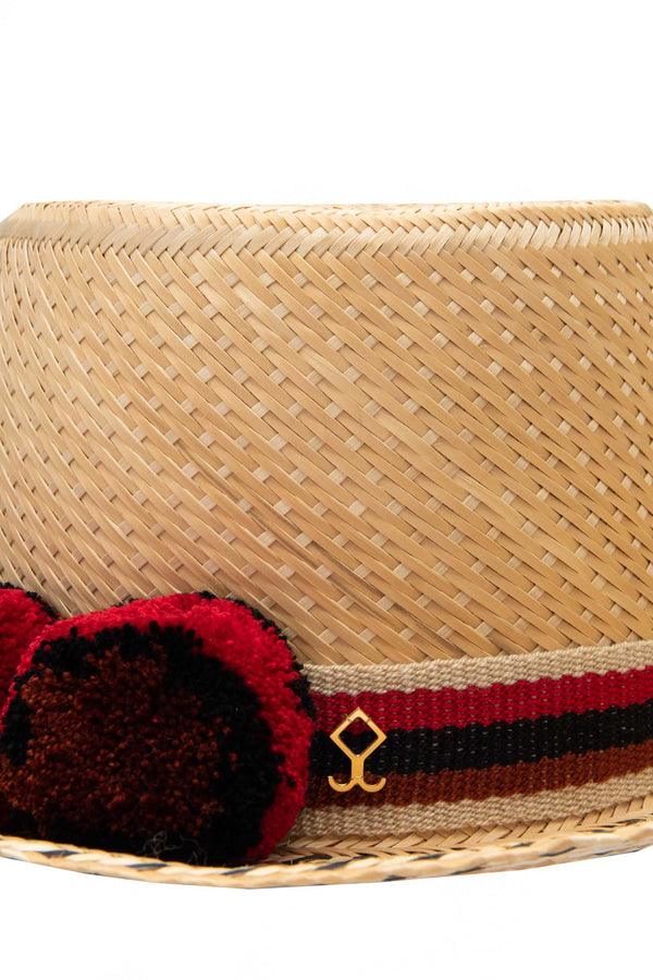Sirena Straw Hat - Red & Black Pom Poms