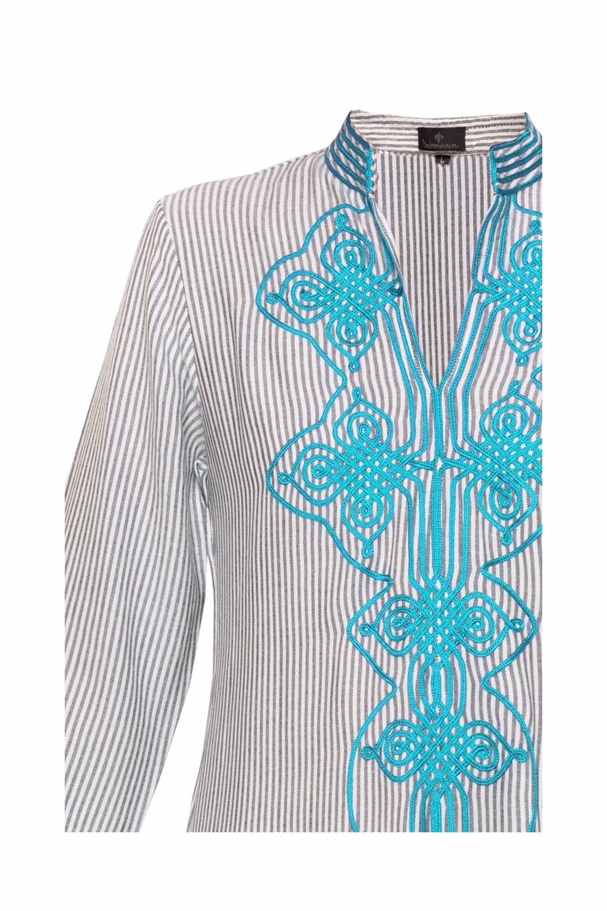 Striped Cotton Kaftan - Aqua Embroidery
