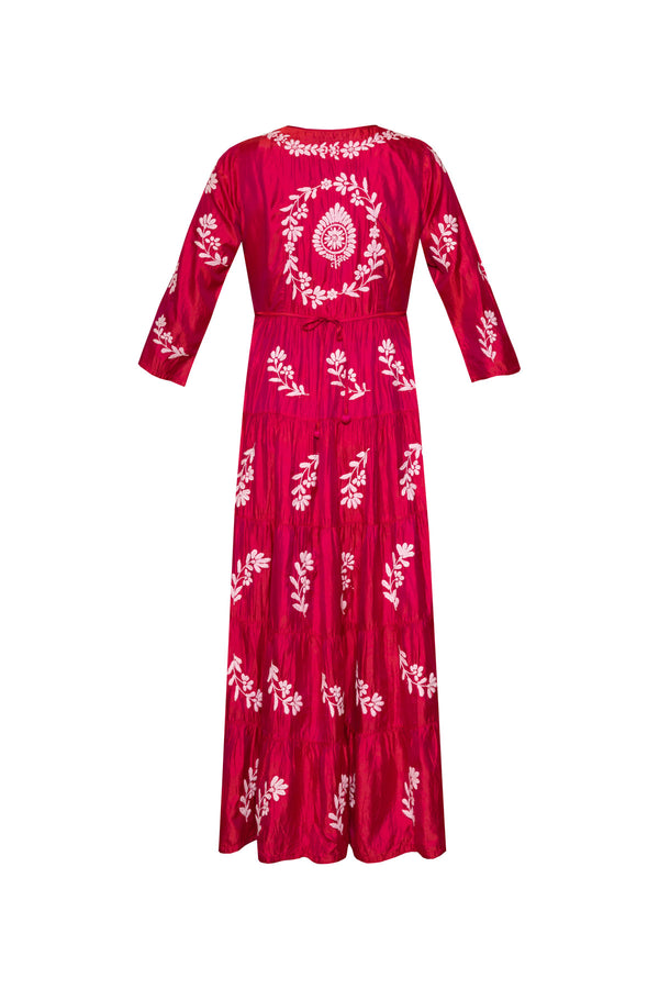 Panel Silk Embroidered Dress - Hot Pink