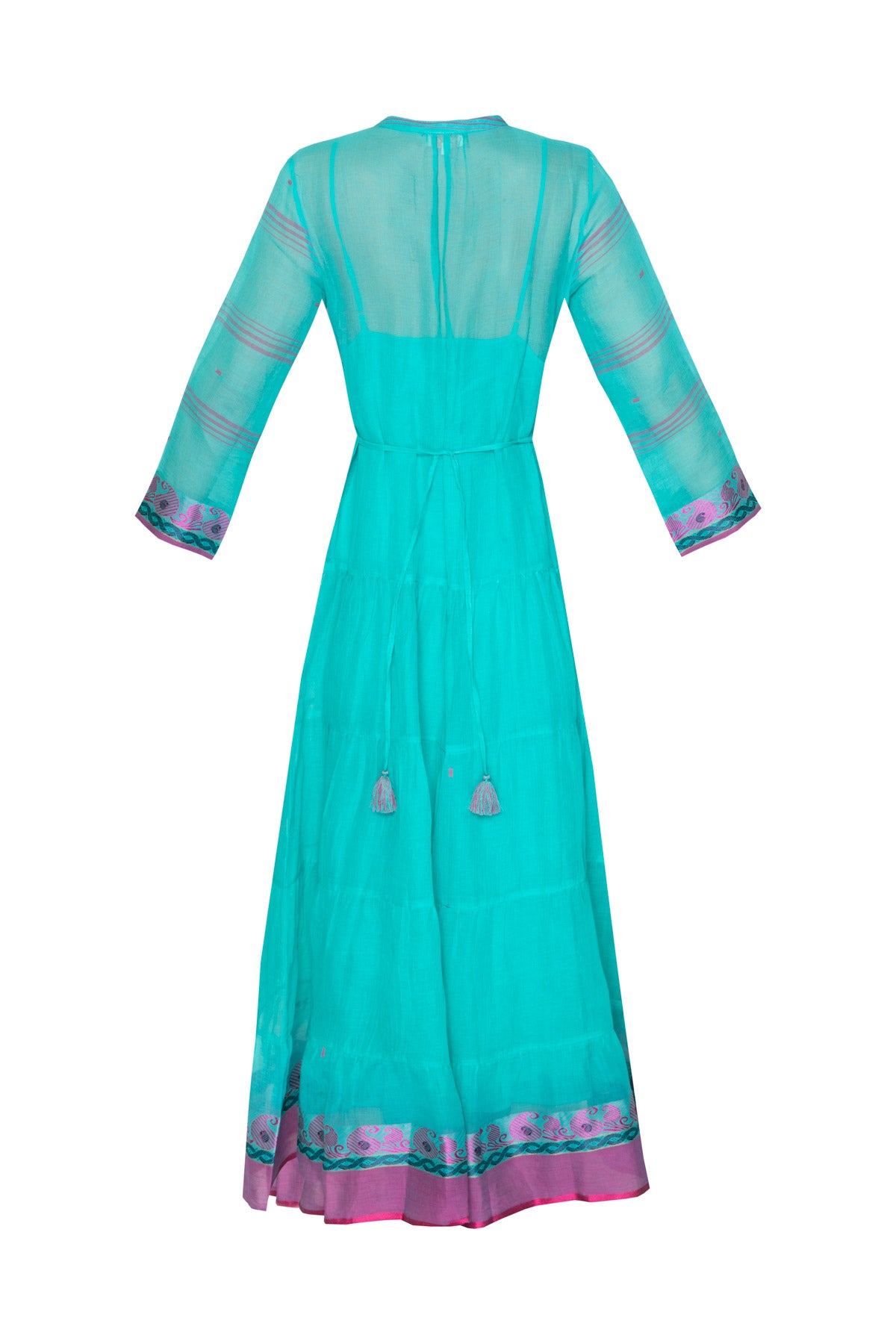 Longfrill Cotton Dress - Emerald & Pink