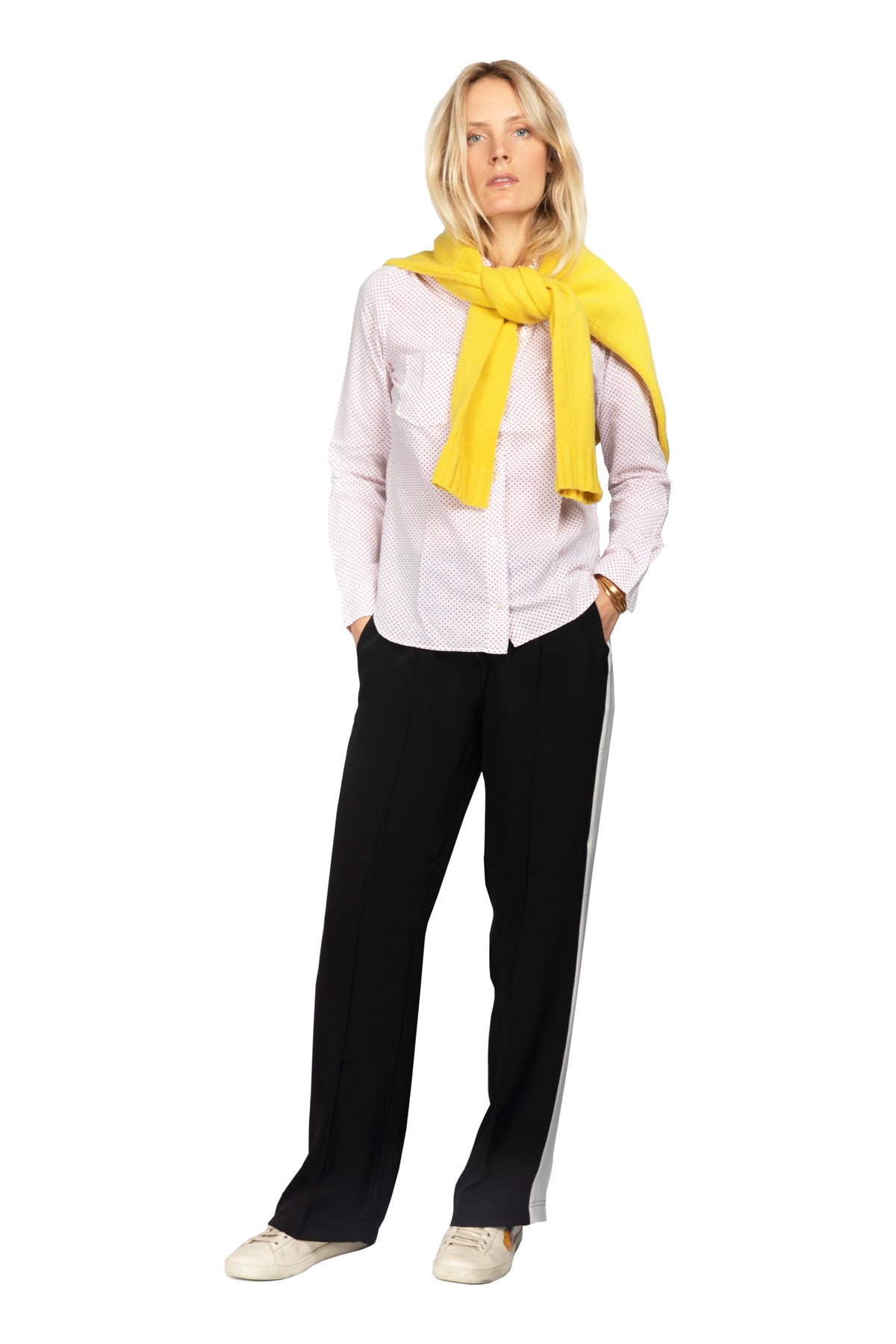 Yellow joggers with online black stripe