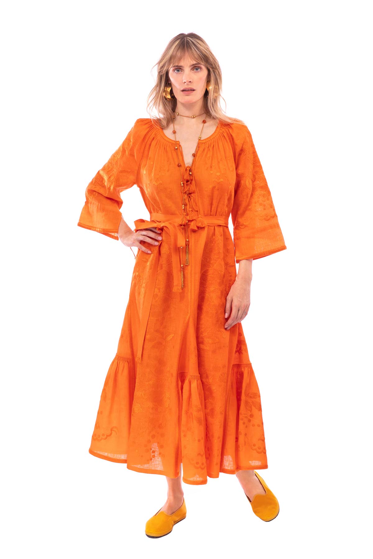 Hops Embroidered Dress - Orange