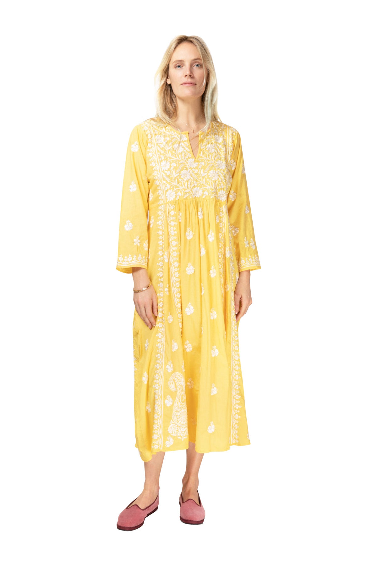 Cotton Embroidered Dress - Yellow