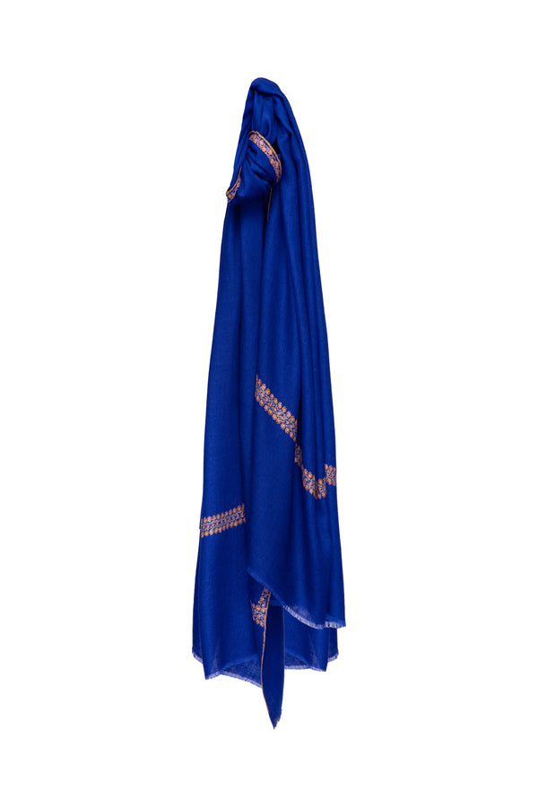 Border Embroidered Pashmina Shawl - Electric Blue with Orange