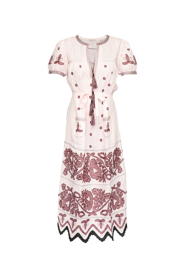 Rushka Embroidered Dress - Pale Pink & Burgundy