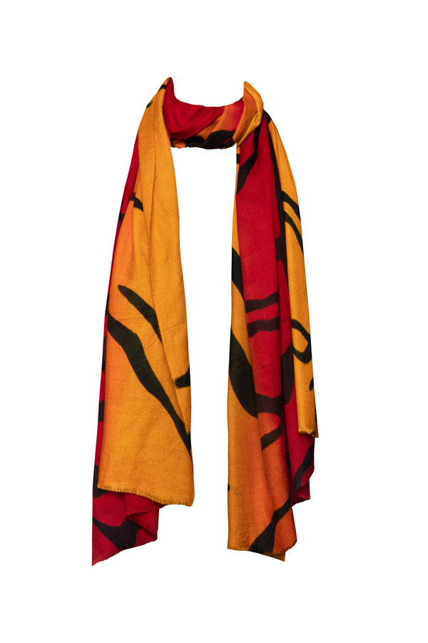 Tiger Hand-Painted Ombres Shawl - Red and Orange