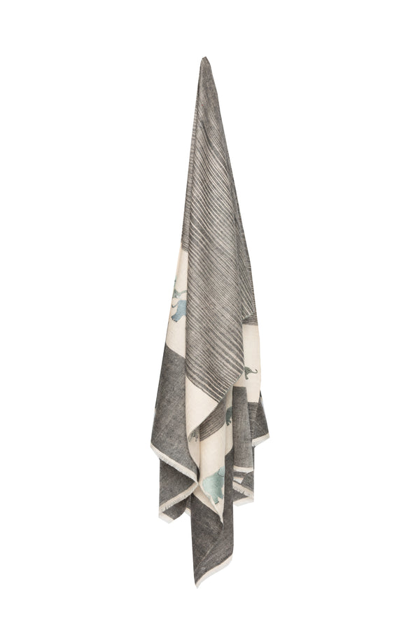 Elephant Embroidered Pashmina - Grey, White & Blue
