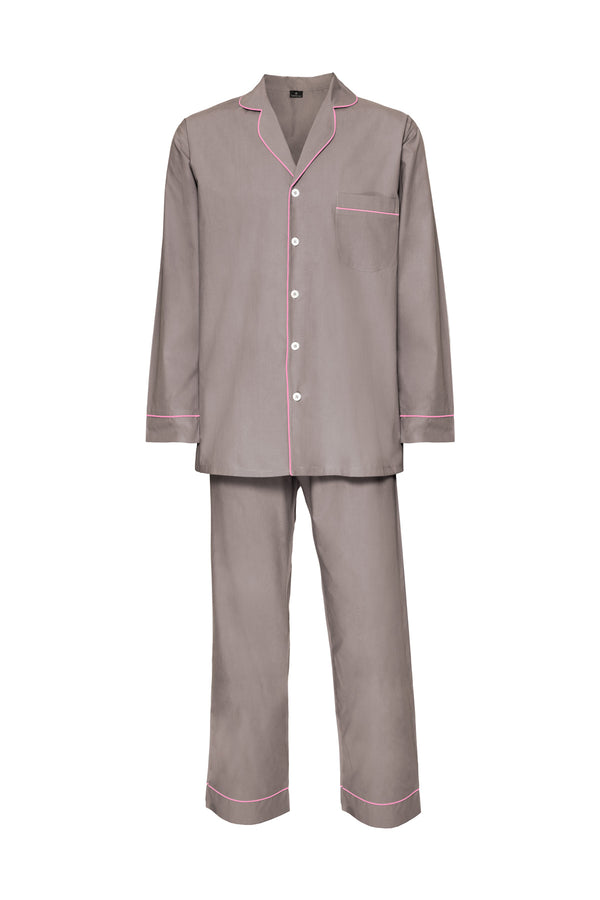 Men's Cotton Pyjamas - Grey & Pink Piping