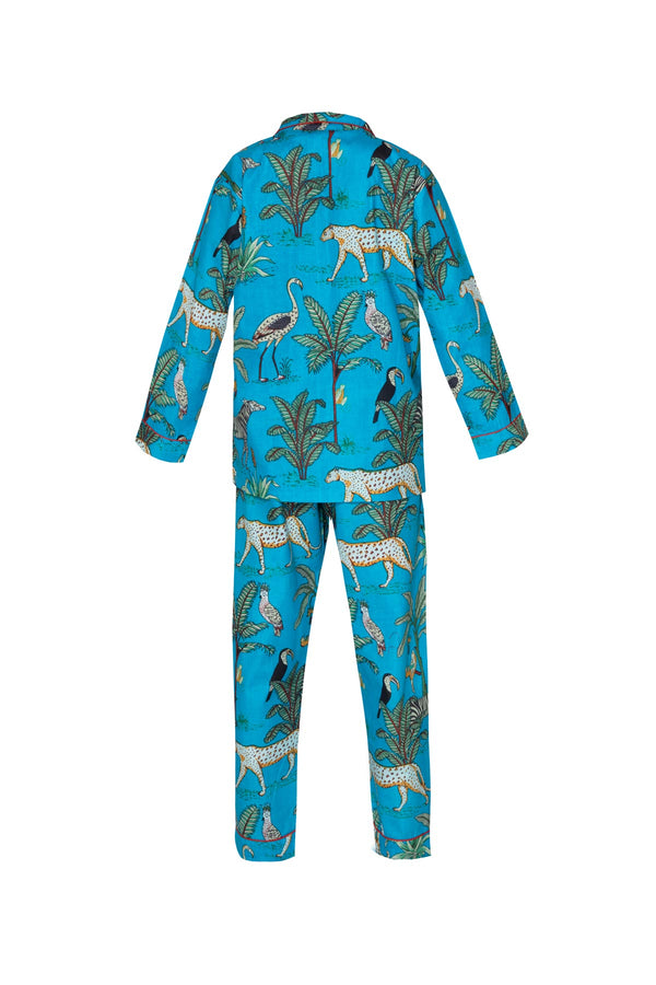 Cotton Jungle Print Pyjamas - Bright Lapis Blue