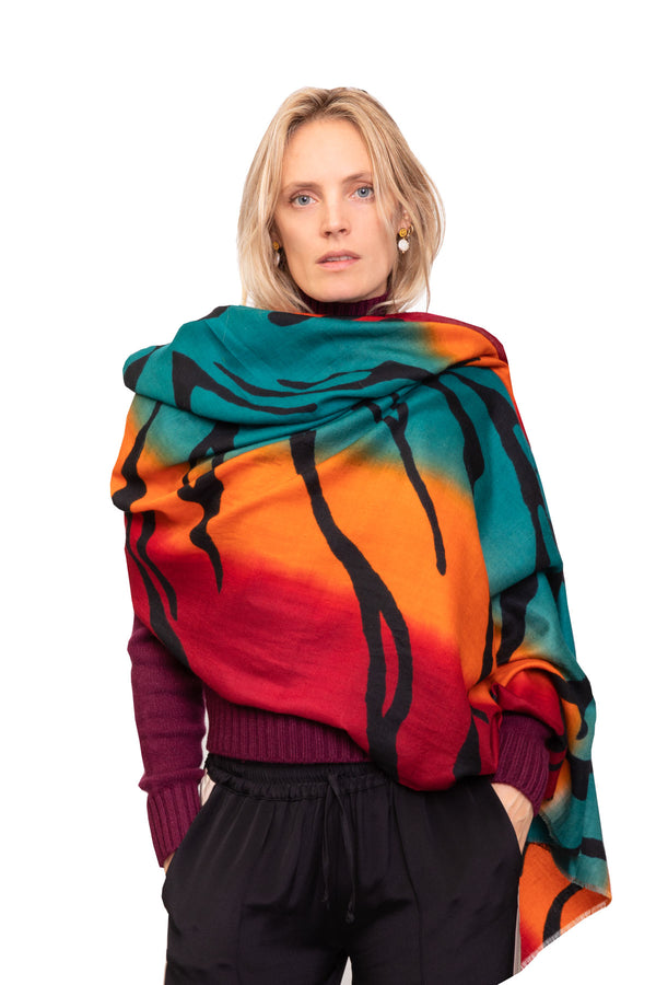 Tiger Hand-painted Ombres Shawl - Red, Orange & Blue