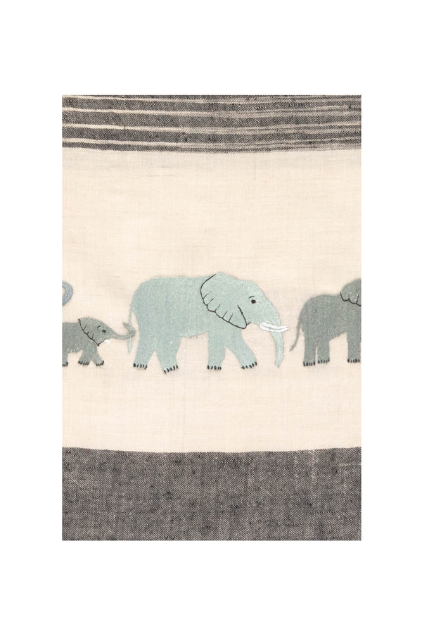 Elephant Embroidered Pashmina - Grey, White & Blue