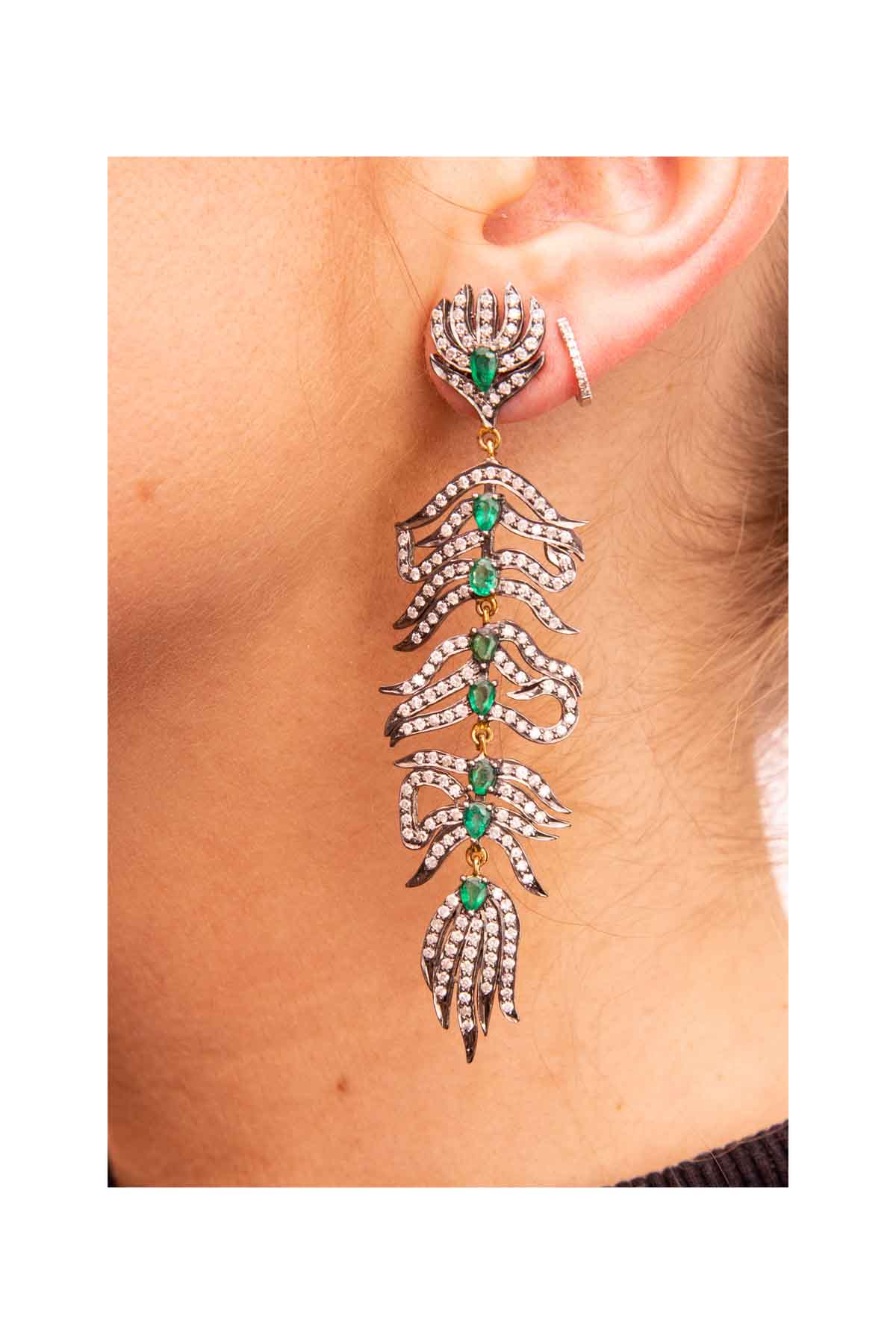 Diamond Feather Earrings with Emerald Inset
