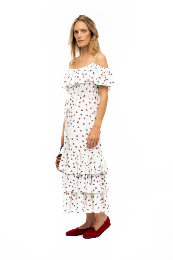 Off Shoulder Ruffle Dress - White Star