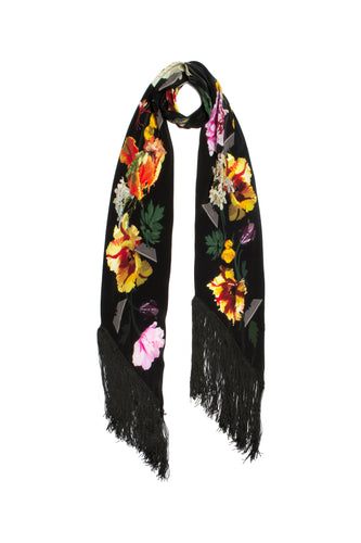 Silk Fringed Scarf - Black Flora