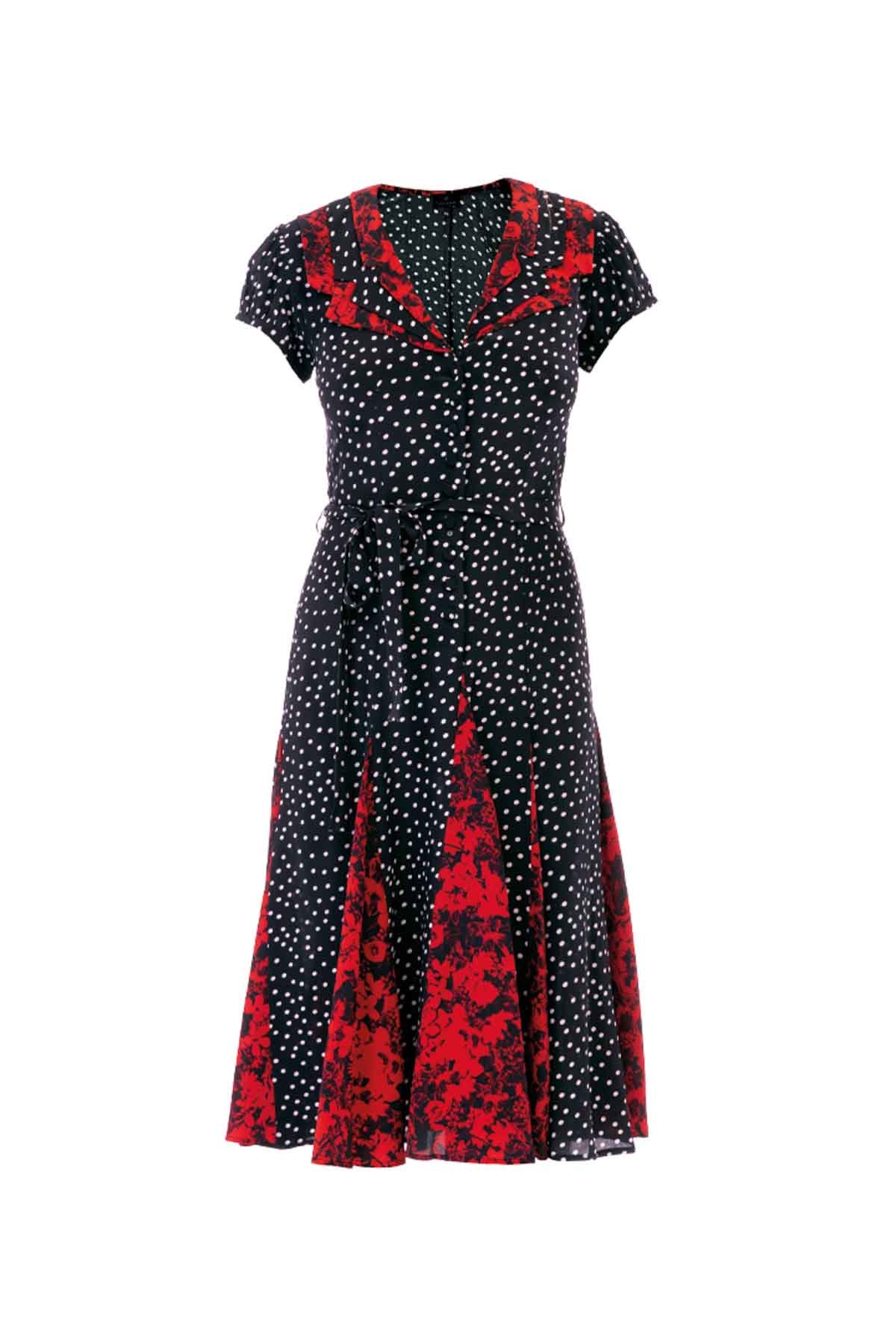 Tri Collar Silk Dress - Black Polka & Red Floral