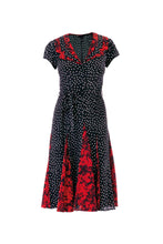Load image into Gallery viewer, Tri Collar Silk Dress - Black Polka &amp; Red Floral