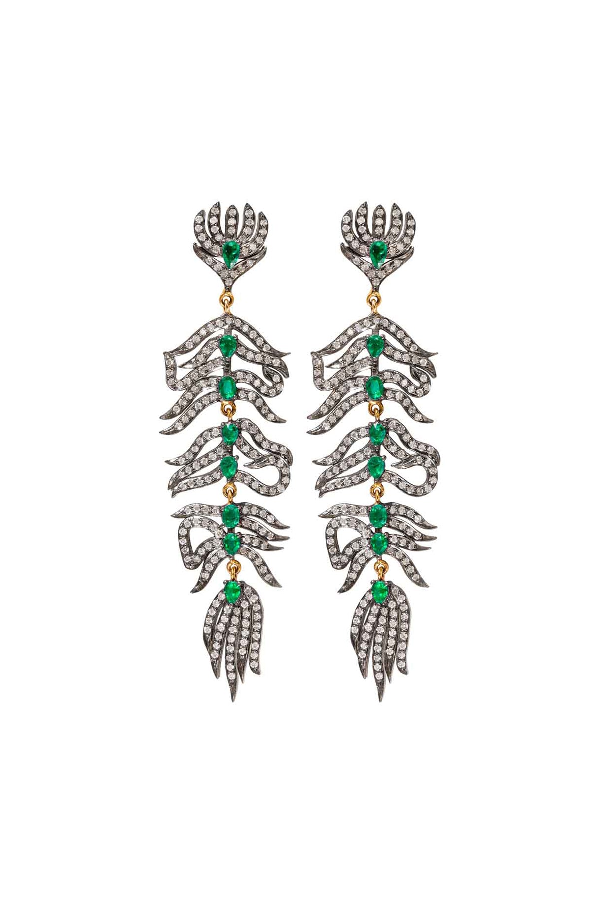 Diamond Feather Earrings with Emerald Inset